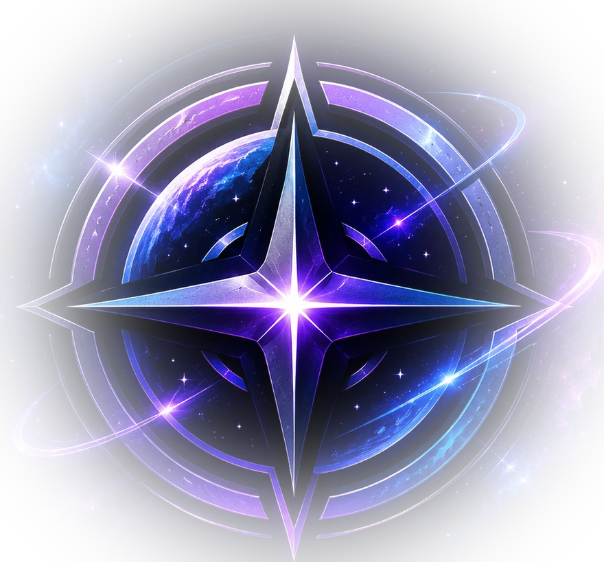 Stellar emblem: a four-pointed star over a ringed planet